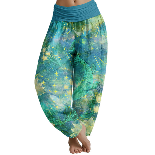 Buddha Stones Koi Fish Lotus Moon Stars Pattern Women's Elastic Waist Harem Pants Women's Harem Pants BS DarkTurquoise US22，UK/AU26，EU54 (6XL)