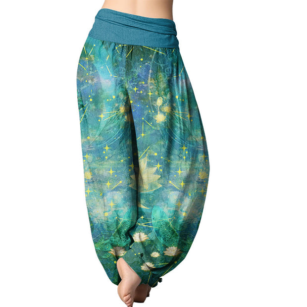 Buddha Stones Koi Fish Lotus Moon Stars Pattern Women's Elastic Waist Harem Pants Women's Harem Pants BS 9