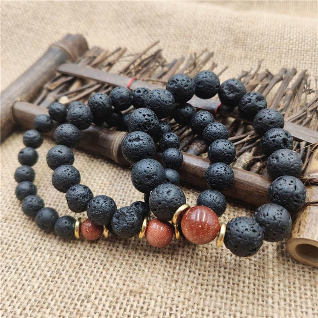 Buddha Stones Lava Rock Goldstone Blue Sandstone Healing Bracelet Bracelet BS 12