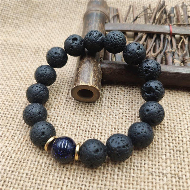 Buddha Stones Lava Rock Goldstone Blue Sandstone Healing Bracelet Bracelet BS Blue Sandstone Lava Rock 12mm