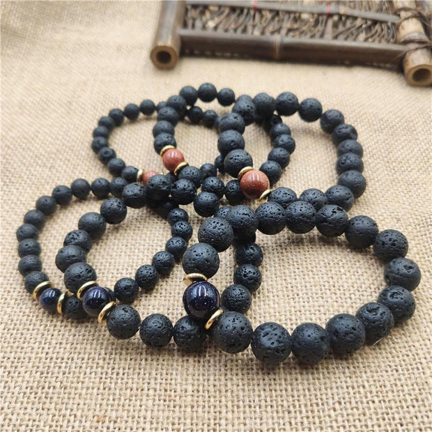 Buddha Stones Lava Rock Goldstone Blue Sandstone Healing Bracelet Bracelet BS 15