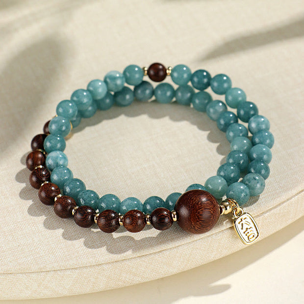 Buddha Stones Blue Chalcedony Green Sandalwood Small Leaf Red Sandalwood Double Wrap Emotional Balance Bracelet Bracelet BS 11