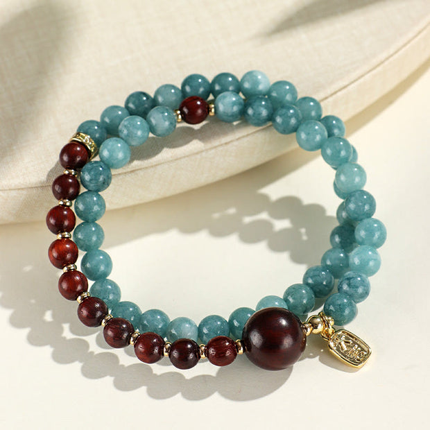 Buddha Stones Blue Chalcedony Green Sandalwood Small Leaf Red Sandalwood Double Wrap Emotional Balance Bracelet Bracelet BS Blue Chalcedony Small Leaf Red Sandalwood(Wrist Circumference: 14-16cm)