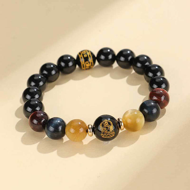 FREE Today: Fortune Support Black Onyx Tiger Eye Om Mani Padme Hum Chinese Zodiac Natal Buddha Bracelet