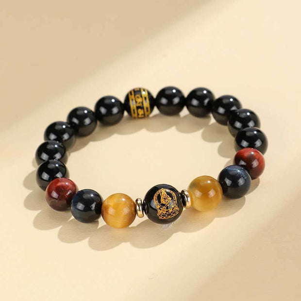 FREE Today: Fortune Support Black Onyx Tiger Eye Om Mani Padme Hum Chinese Zodiac Natal Buddha Bracelet