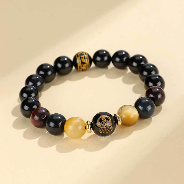 Buddha Stones Black Onyx Tiger Eye Om Mani Padme Hum Chinese Zodiac Natal Buddha Support Bracelet Bracelet BS Goat/Monkey-Tathagata(Wrist Circumference: 14-16cm)