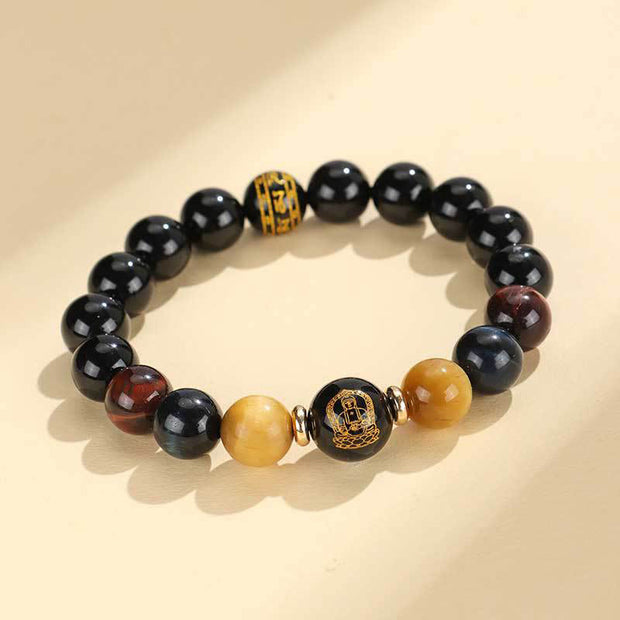 FREE Today: Fortune Support Black Onyx Tiger Eye Om Mani Padme Hum Chinese Zodiac Natal Buddha Bracelet