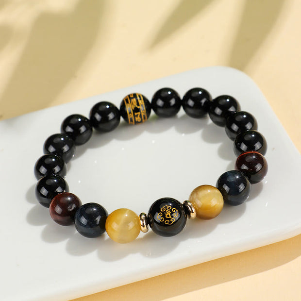 FREE Today: Fortune Support Black Onyx Tiger Eye Om Mani Padme Hum Chinese Zodiac Natal Buddha Bracelet