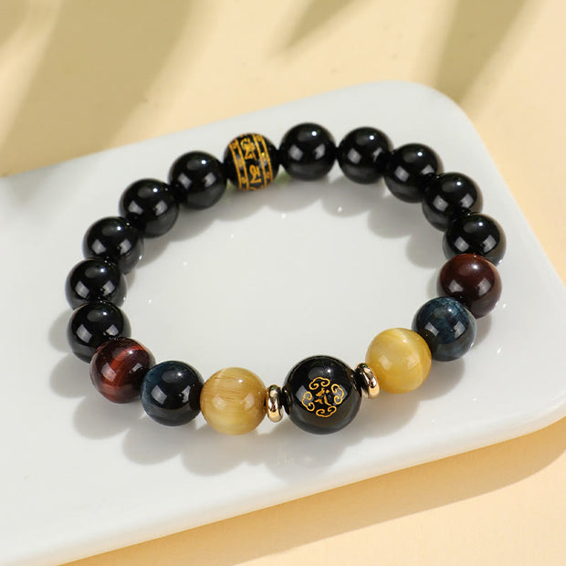 Buddha Stones Black Onyx Tiger Eye Om Mani Padme Hum Chinese Zodiac Natal Buddha Support Bracelet Bracelet BS 16