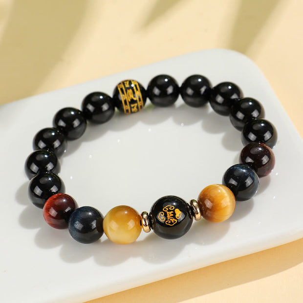 FREE Today: Fortune Support Black Onyx Tiger Eye Om Mani Padme Hum Chinese Zodiac Natal Buddha Bracelet