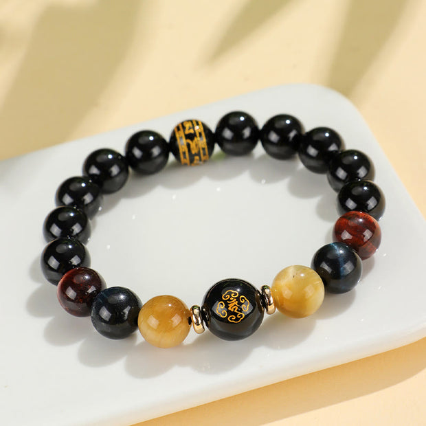 Buddha Stones Black Onyx Tiger Eye Om Mani Padme Hum Chinese Zodiac Natal Buddha Support Bracelet Bracelet BS 20