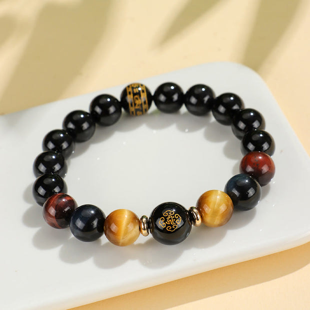 FREE Today: Fortune Support Black Onyx Tiger Eye Om Mani Padme Hum Chinese Zodiac Natal Buddha Bracelet