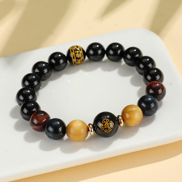 FREE Today: Fortune Support Black Onyx Tiger Eye Om Mani Padme Hum Chinese Zodiac Natal Buddha Bracelet