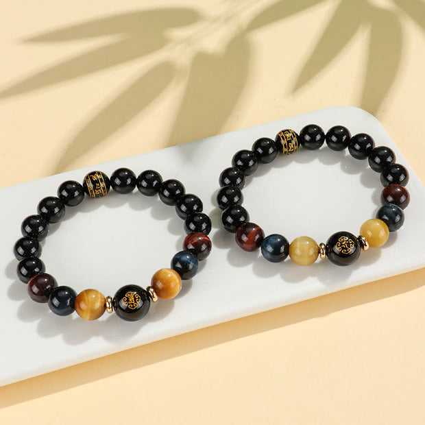 Buddha Stones Black Onyx Tiger Eye Om Mani Padme Hum Chinese Zodiac Natal Buddha Support Bracelet Bracelet BS 24