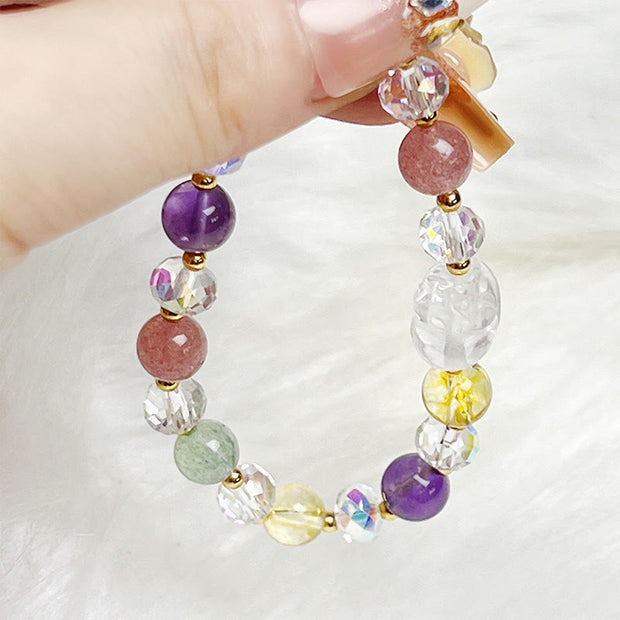 Buddha Stones PI XIU White Crystal Citrine Green Strawberry Quartz Amethyst Luck Bracelet