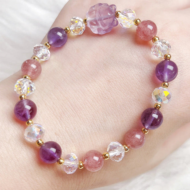 Buddha Stones Amethyst Strawberry Quartz White Crystal Meditation Bracelet