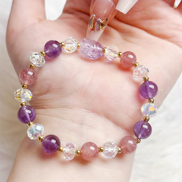 Buddha Stones Amethyst Strawberry Quartz White Crystal Meditation Bracelet