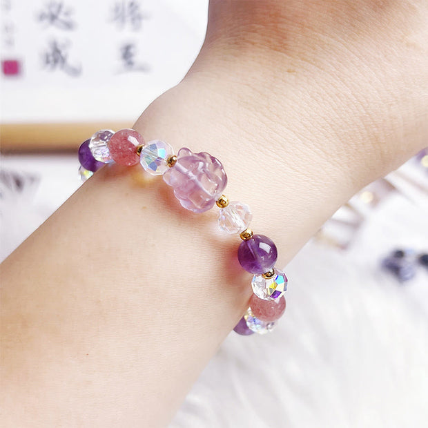 Buddha Stones Amethyst Strawberry Quartz White Crystal Meditation Bracelet