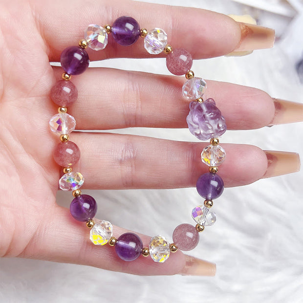 Buddha Stones Amethyst Strawberry Quartz White Crystal Meditation Bracelet