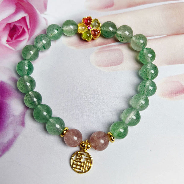 Buddha Stones Natural Green Strawberry Quartz Soothing Fu Character Bracelet