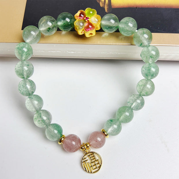 Buddha Stones Natural Green Strawberry Quartz Soothing Fu Character Bracelet