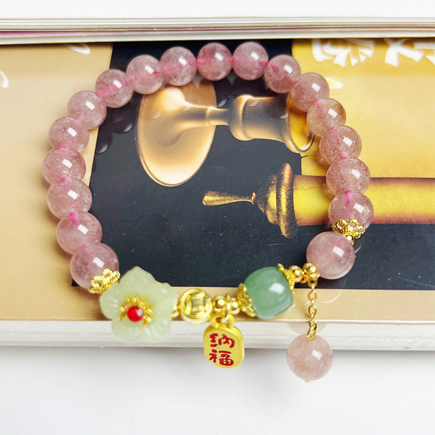 Buddha Stones Natural Strawberry Quartz  Blossom Fu Character Positivity Healing Bracelet