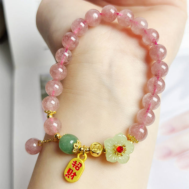 Buddha Stones Natural Strawberry Quartz  Blossom Fu Character Positivity Healing Bracelet