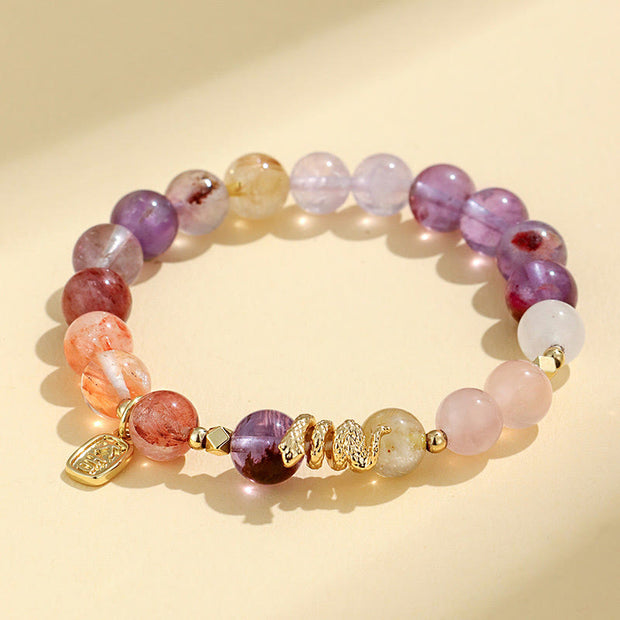 Buddha Stones Various Crystal Pink Crystal Amethyst Year Of The Snake Lucky Bracelet Bracelet BS Amethyst(Wrist Circumference: 14-16.5cm)