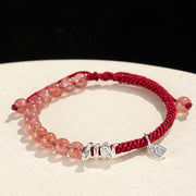 Buddha Stones Natural Strawberry Quartz Silver Sheen Obsidian Year of the Snake String Protection Braided Bracelet