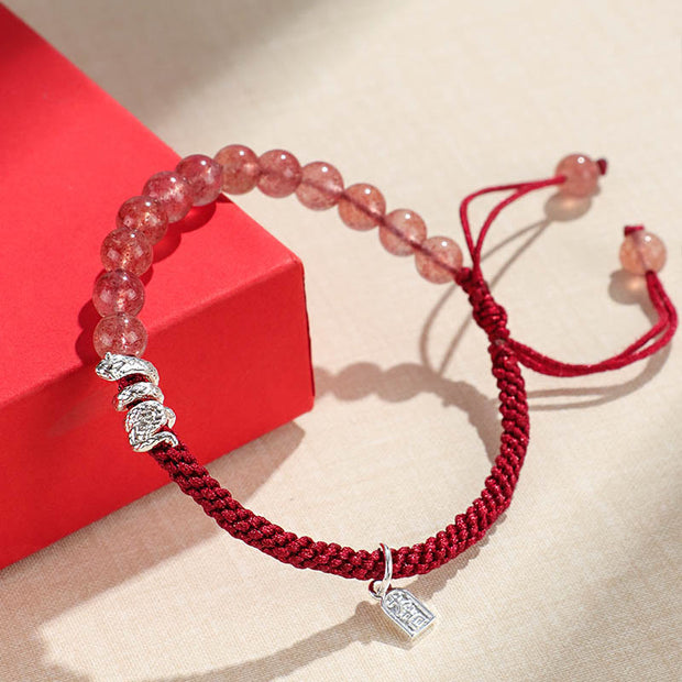 Buddha Stones Natural Strawberry Quartz Silver Sheen Obsidian Year of the Snake String Protection Braided Bracelet Bracelet BS 2