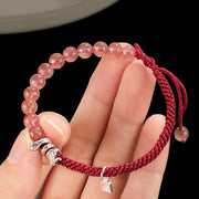 Buddha Stones Natural Strawberry Quartz Silver Sheen Obsidian Year of the Snake String Protection Braided Bracelet