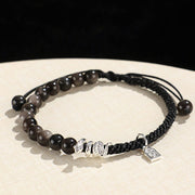 Buddha Stones Natural Strawberry Quartz Silver Sheen Obsidian Year of the Snake String Protection Braided Bracelet Bracelet BS Silver Sheen Obsidian  Black Rope(Wrist Circumference: 14-16.5cm)