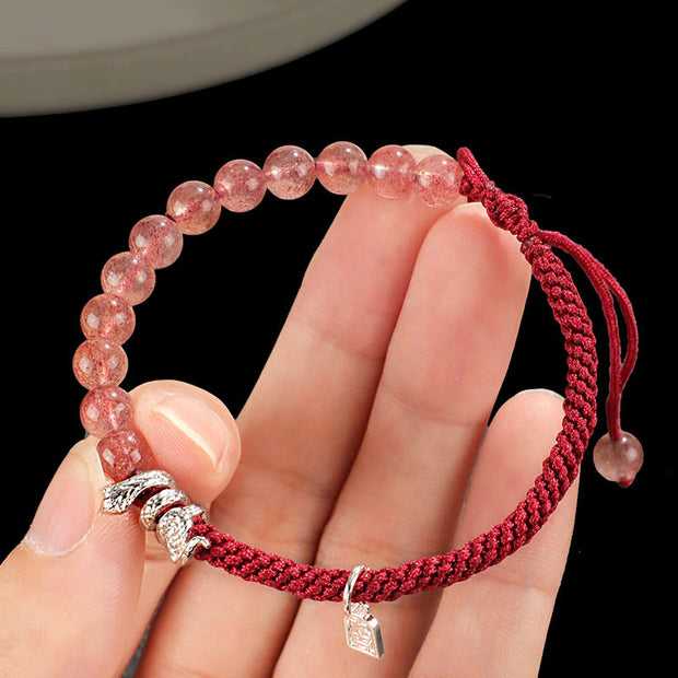 Buddha Stones Natural Strawberry Quartz Silver Sheen Obsidian Year of the Snake String Protection Braided Bracelet Bracelet BS 4