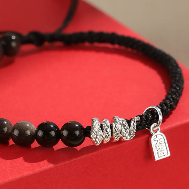 Buddha Stones Natural Strawberry Quartz Silver Sheen Obsidian Year of the Snake String Protection Braided Bracelet