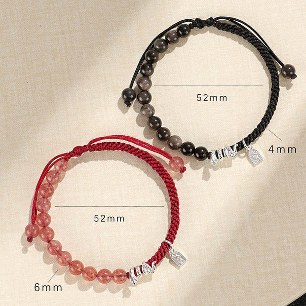 Buddha Stones Natural Strawberry Quartz Silver Sheen Obsidian Year of the Snake String Protection Braided Bracelet Bracelet BS 13