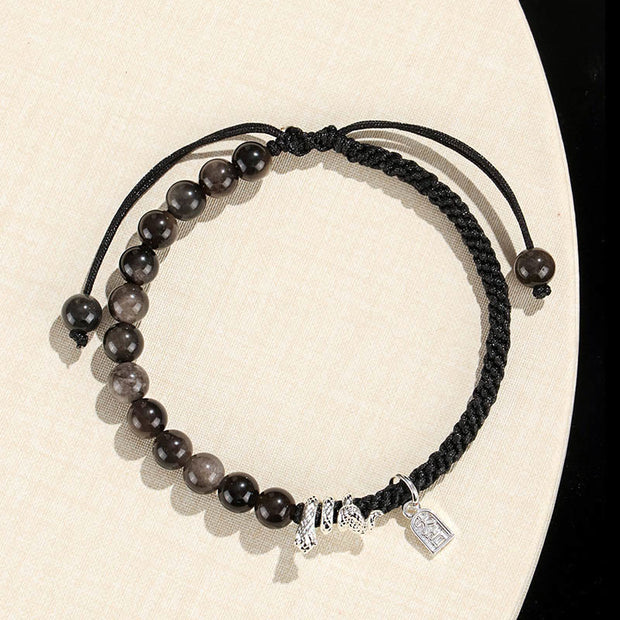 Buddha Stones Natural Strawberry Quartz Silver Sheen Obsidian Year of the Snake String Protection Braided Bracelet Bracelet BS 11