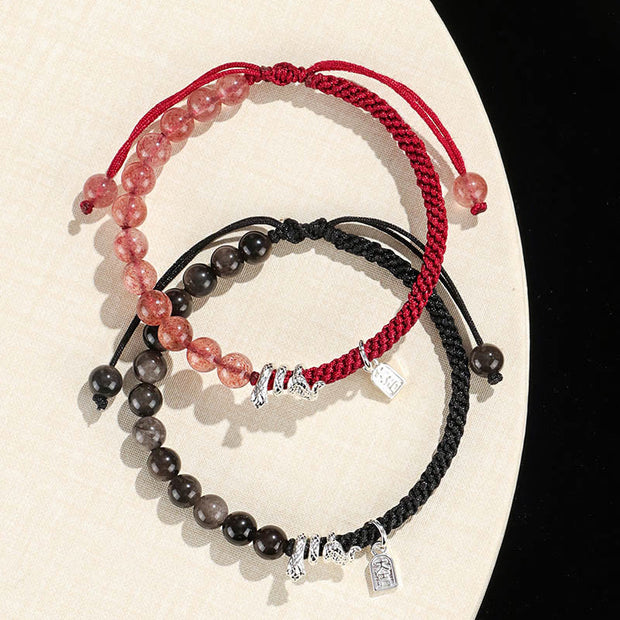 Buddha Stones Natural Strawberry Quartz Silver Sheen Obsidian Year of the Snake String Protection Braided Bracelet