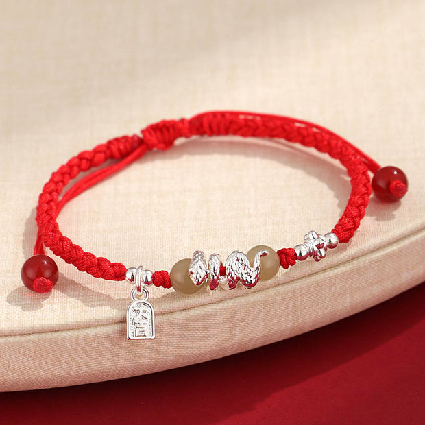 Buddha Stones Hetian Jade Year of the Snake String Protection Braided Bracelet Bracelet BS Red Rope(Wrist Circumference: 14-16.5cm)