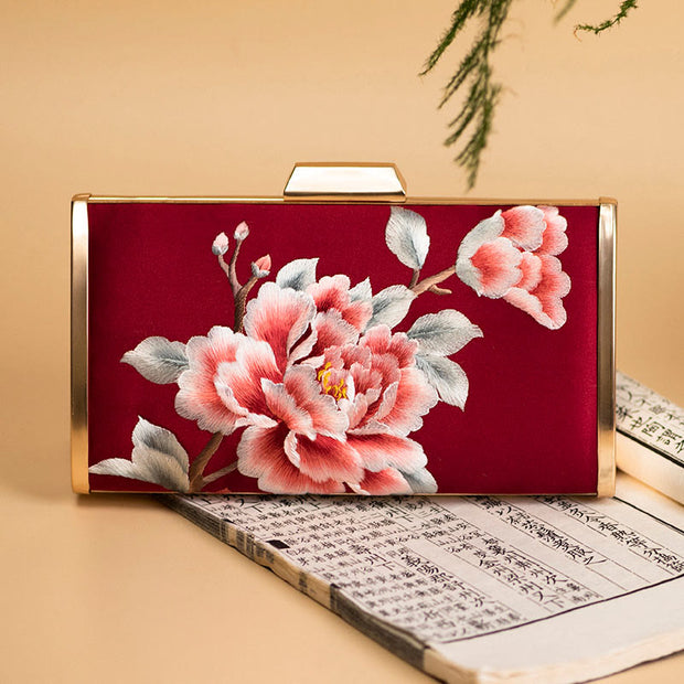 Buddha Stones Carnation Peony Begonia Su Embroidery Wedding Shopping Purse Handbag Crossbody Bag Wallet&Handbags BS Wine Red (Peony) 20*11cm