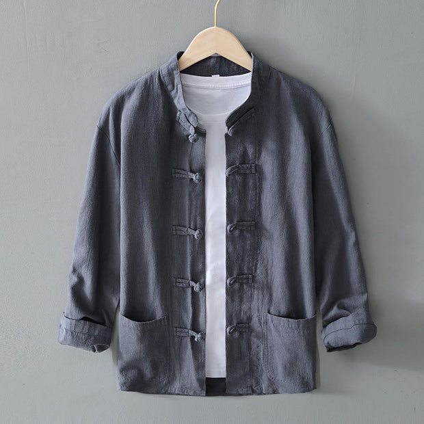 Buddha Stones Frog-Button Chinese Tang Suit Cotton Linen Men Jacket Shirt With Pockets