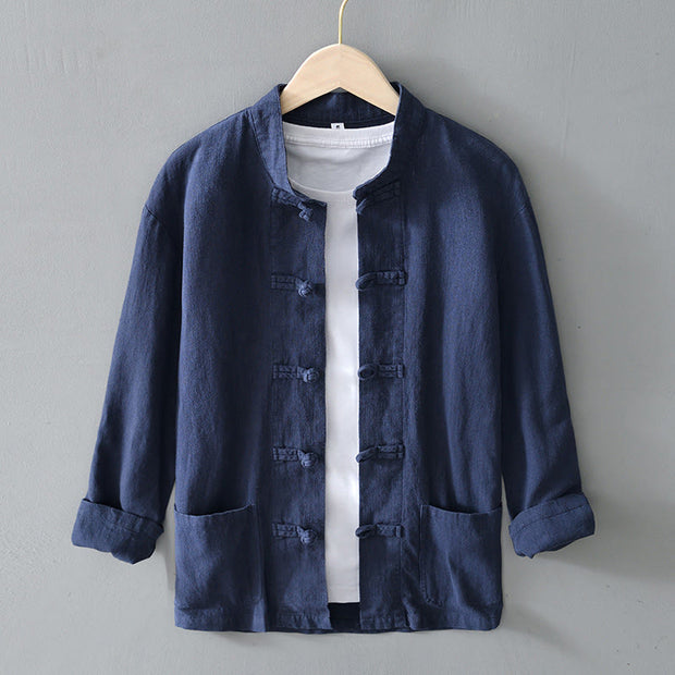 Buddha Stones Frog-Button Chinese Tang Suit Ramie Linen Cotton Men Jacket Shirt With Pockets Men's Jacket Shirt BS SteelBlue US/UK/AU46，EU56 (5XL)