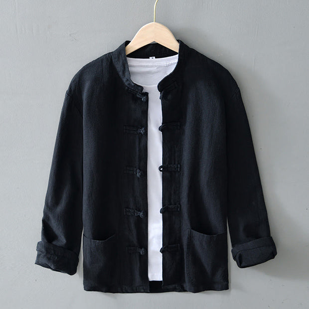Buddha Stones Frog-Button Chinese Tang Suit Cotton Linen Men Jacket Shirt With Pockets