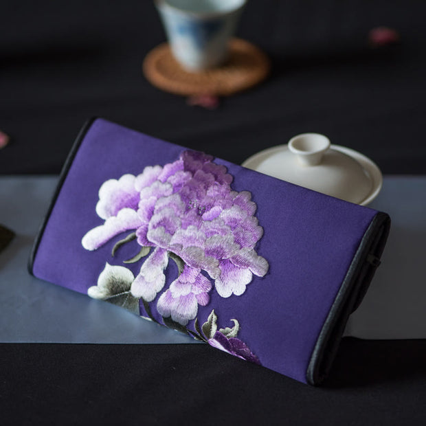 Buddha Stones Peony Su Embroidery Journey Shopping Long Purse Handbag Wallet&Handbags BS Deep purple (20*10cm)