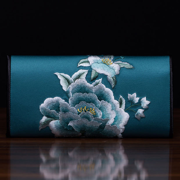 Buddha Stones Peony Su Embroidery Journey Shopping Long Purse Handbag Wallet&Handbags BS Lake blue (20*10cm)