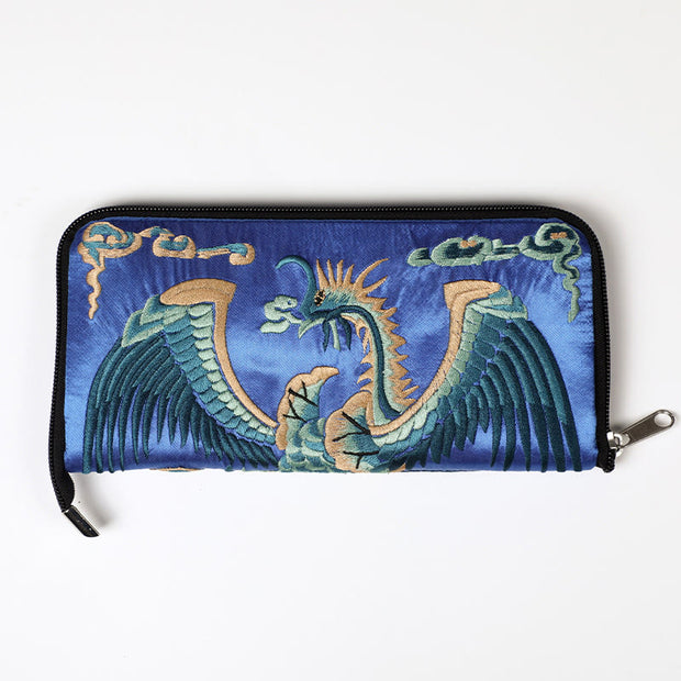 Buddha Stones Mythical Beast Phoenix Dragon Qilin Su Embroidery Ticket Folder Storage Journey Shopping Purse Handbag Wallet&Handbags BS Phoenix (Cobalt Blue) 23*23cm