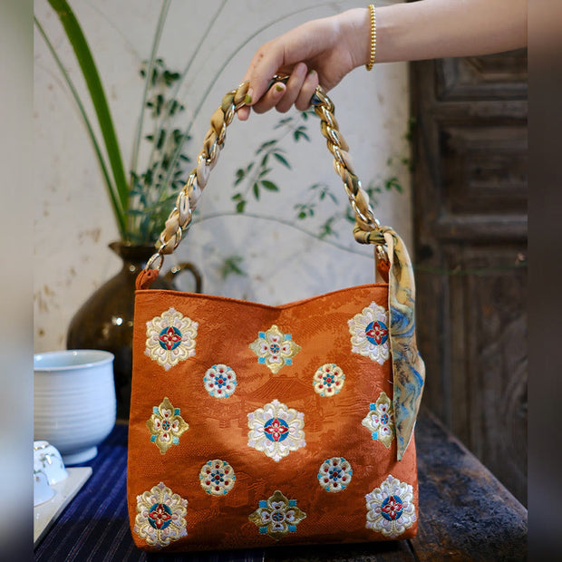 Buddha Stones Satin Su Embroidery Journey Shopping Shoulder Bag Handbag Crossbody Bag Shoulder Bag BS Orange (24*7*22cm)