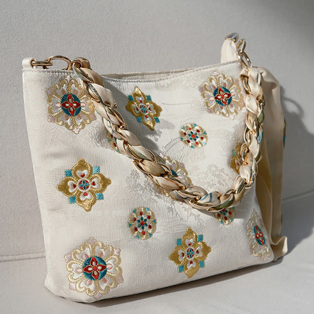 Buddha Stones Satin Su Embroidery Journey Shopping Shoulder Bag Handbag Crossbody Bag Shoulder Bag BS White (24*7*22cm)