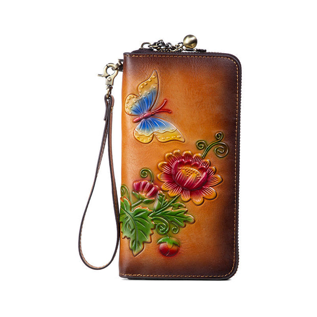 Buddha Stones Retro Butterfly Sunflower Printed Leather Bag Journey Shopping Purse Handbag Wallet&Handbags BS Retro Yellow (Butterfly Sunflower) 19.5*2.5*9.5cm