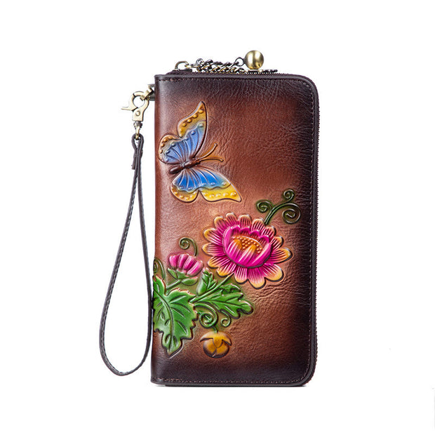 Buddha Stones Retro Butterfly Sunflower Printed Leather Bag Journey Shopping Purse Handbag Wallet&Handbags BS Retro Brown (Butterfly Sunflower) 19.5*2.5*9.5cm