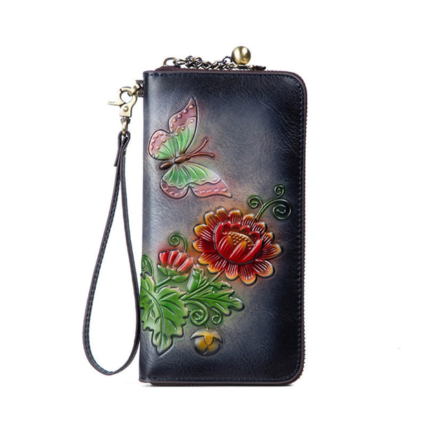 Buddha Stones Retro Butterfly Sunflower Printed Leather Bag Journey Shopping Purse Handbag Wallet&Handbags BS Retro Gray (Butterfly Sunflower) 19.5*2.5*9.5cm